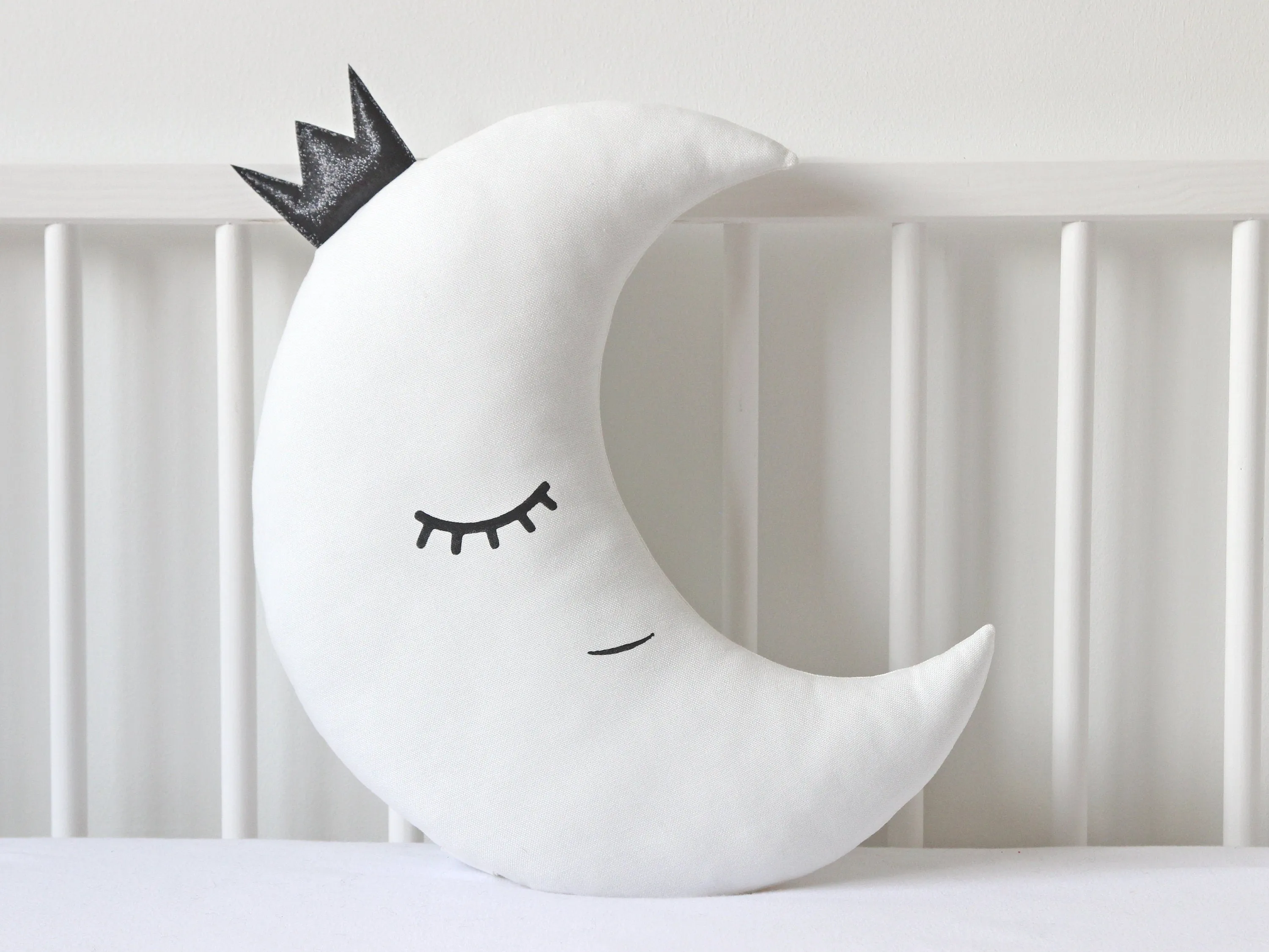 Set of 2 White Pillows - Crescent Moon and Star Pillows with Black Glitter Touch