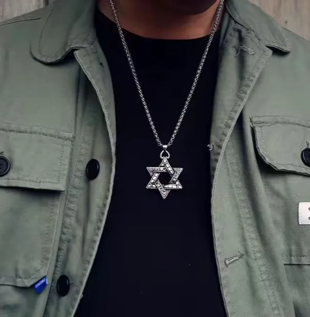 Silver 24" Stainless Steel Star Of David Charm Electroplated Necklace Jewish Symbol