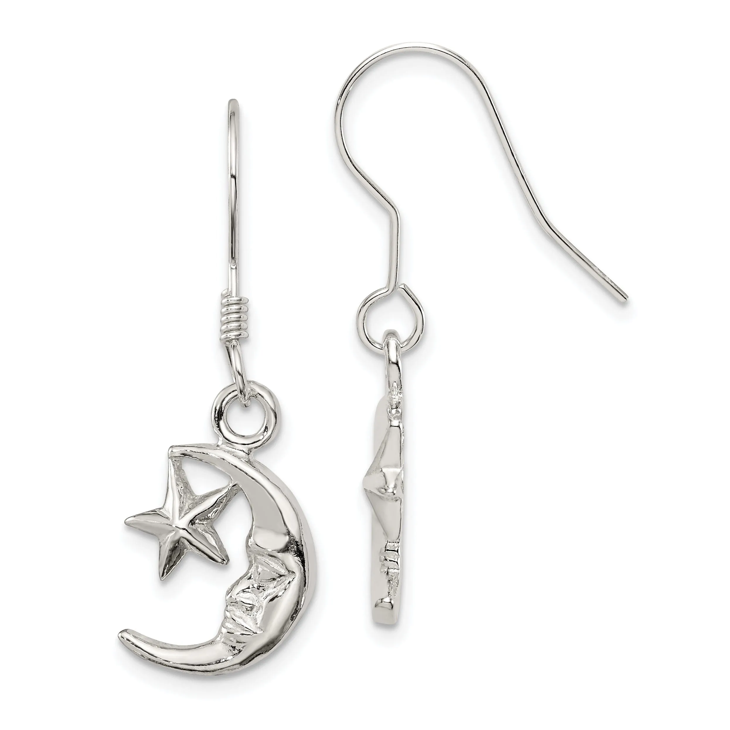 Silver Moon Star Dangle Hook Earrings