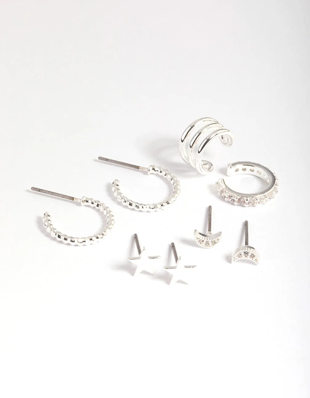 Silver Plated Star & Moon Stud Earrings 8-Pack