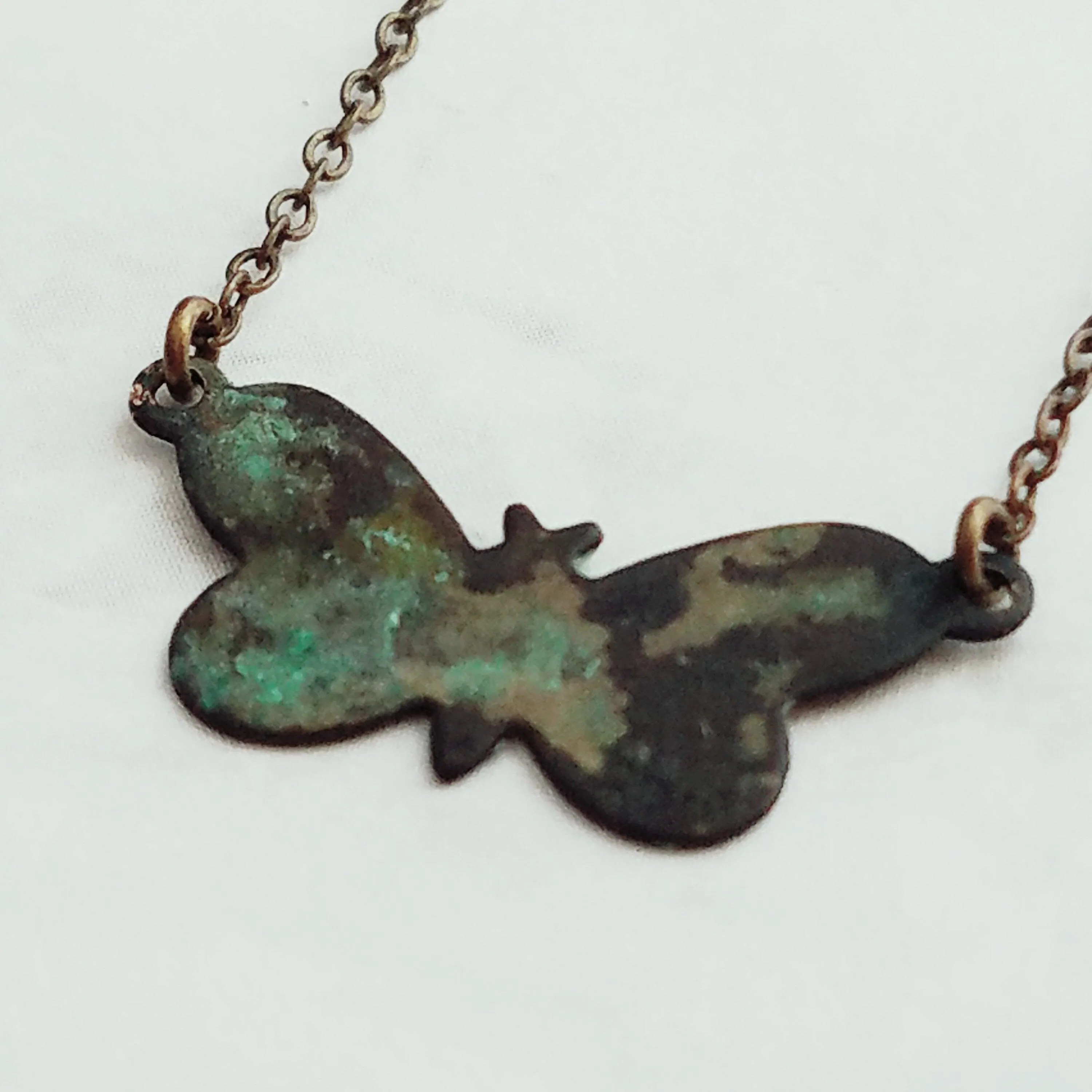 Small Butterfly Necklace, butterfly pendant, delicate chain, bronze necklace, antique brass necklace, patina butterfly, blue green butterfly
