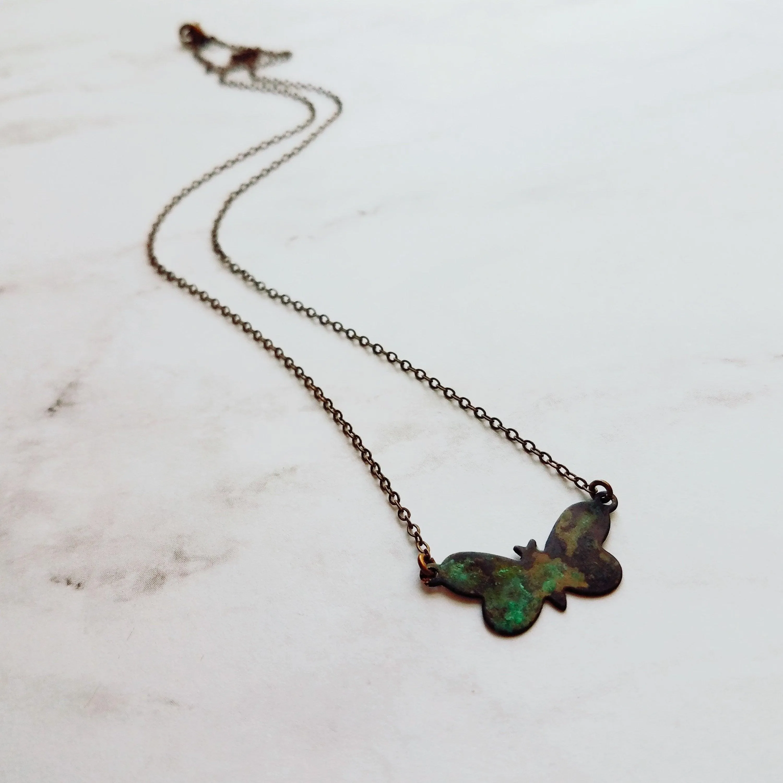 Small Butterfly Necklace, butterfly pendant, delicate chain, bronze necklace, antique brass necklace, patina butterfly, blue green butterfly