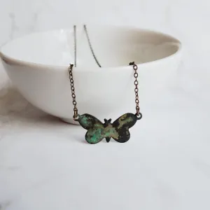 Small Butterfly Necklace, butterfly pendant, delicate chain, bronze necklace, antique brass necklace, patina butterfly, blue green butterfly