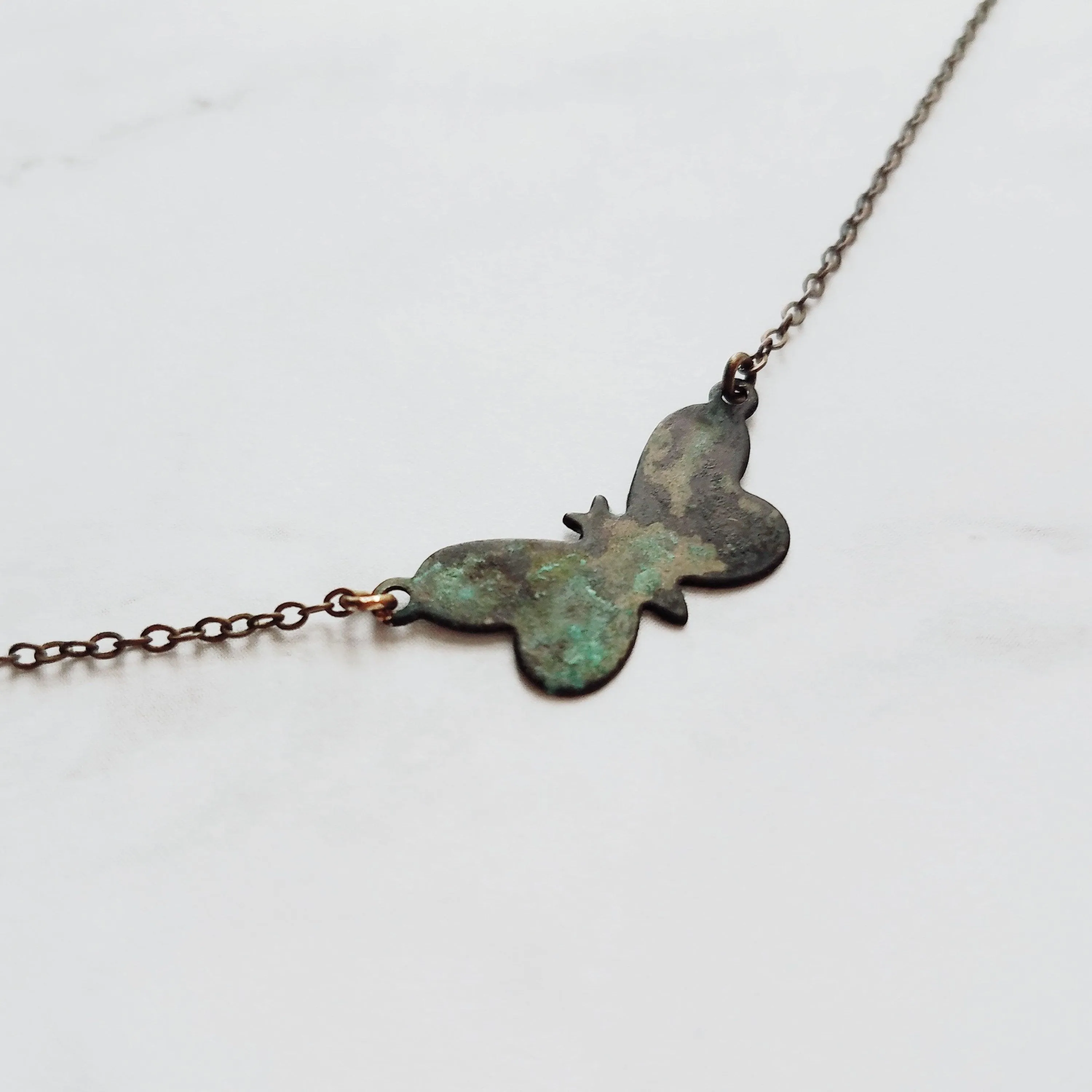 Small Butterfly Necklace, butterfly pendant, delicate chain, bronze necklace, antique brass necklace, patina butterfly, blue green butterfly