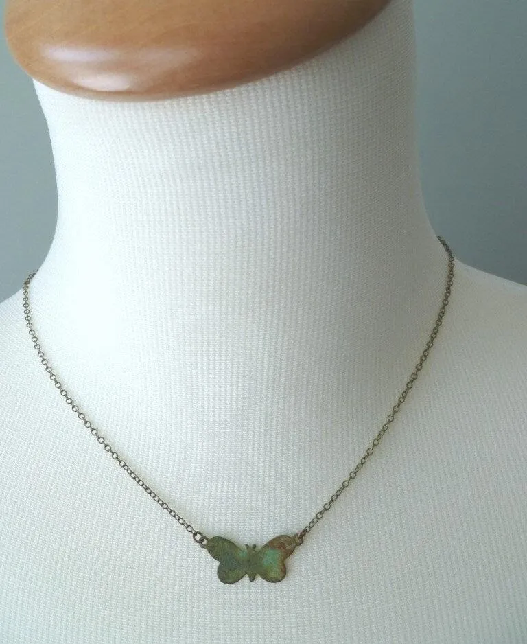 Small Butterfly Necklace, butterfly pendant, delicate chain, bronze necklace, antique brass necklace, patina butterfly, blue green butterfly