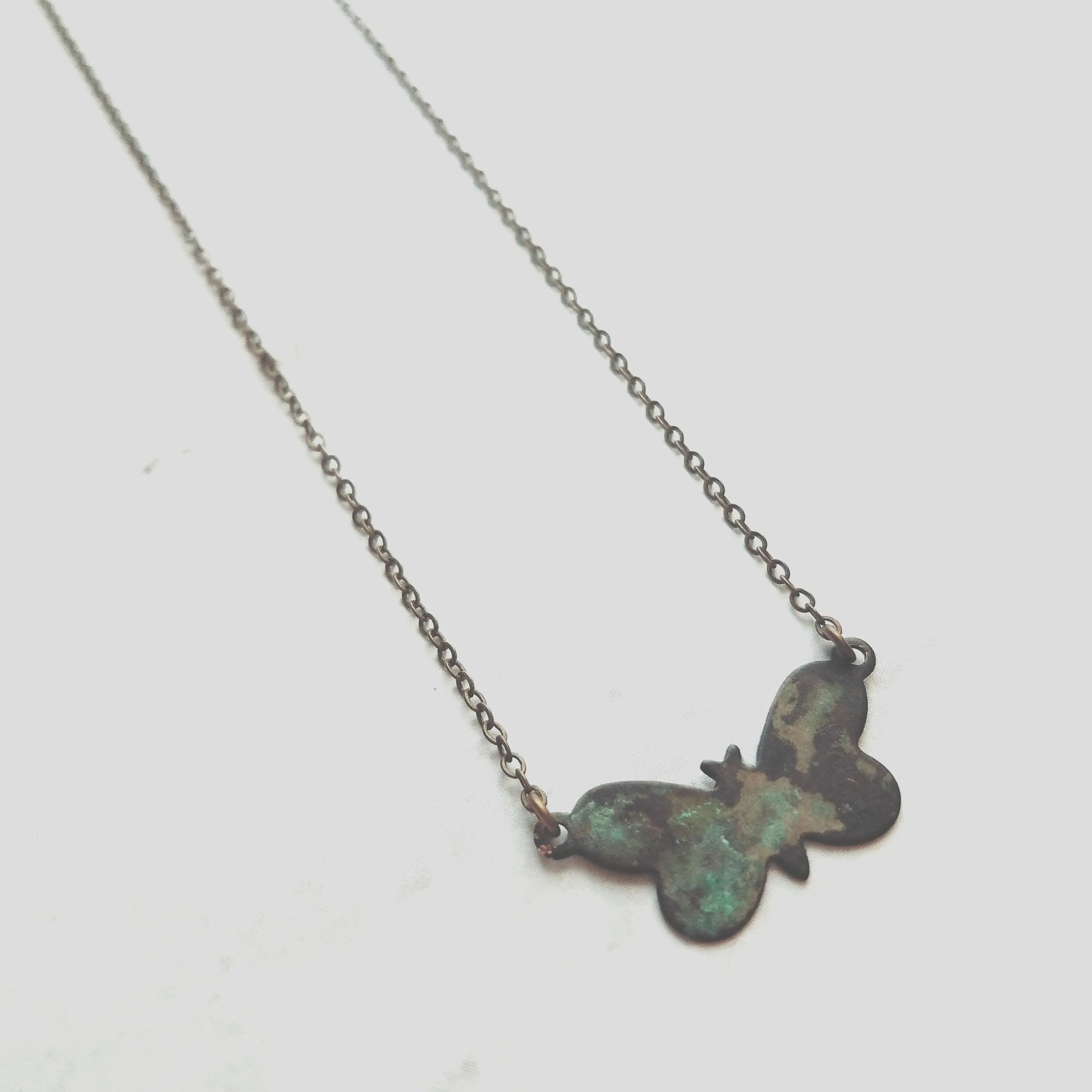 Small Butterfly Necklace, butterfly pendant, delicate chain, bronze necklace, antique brass necklace, patina butterfly, blue green butterfly