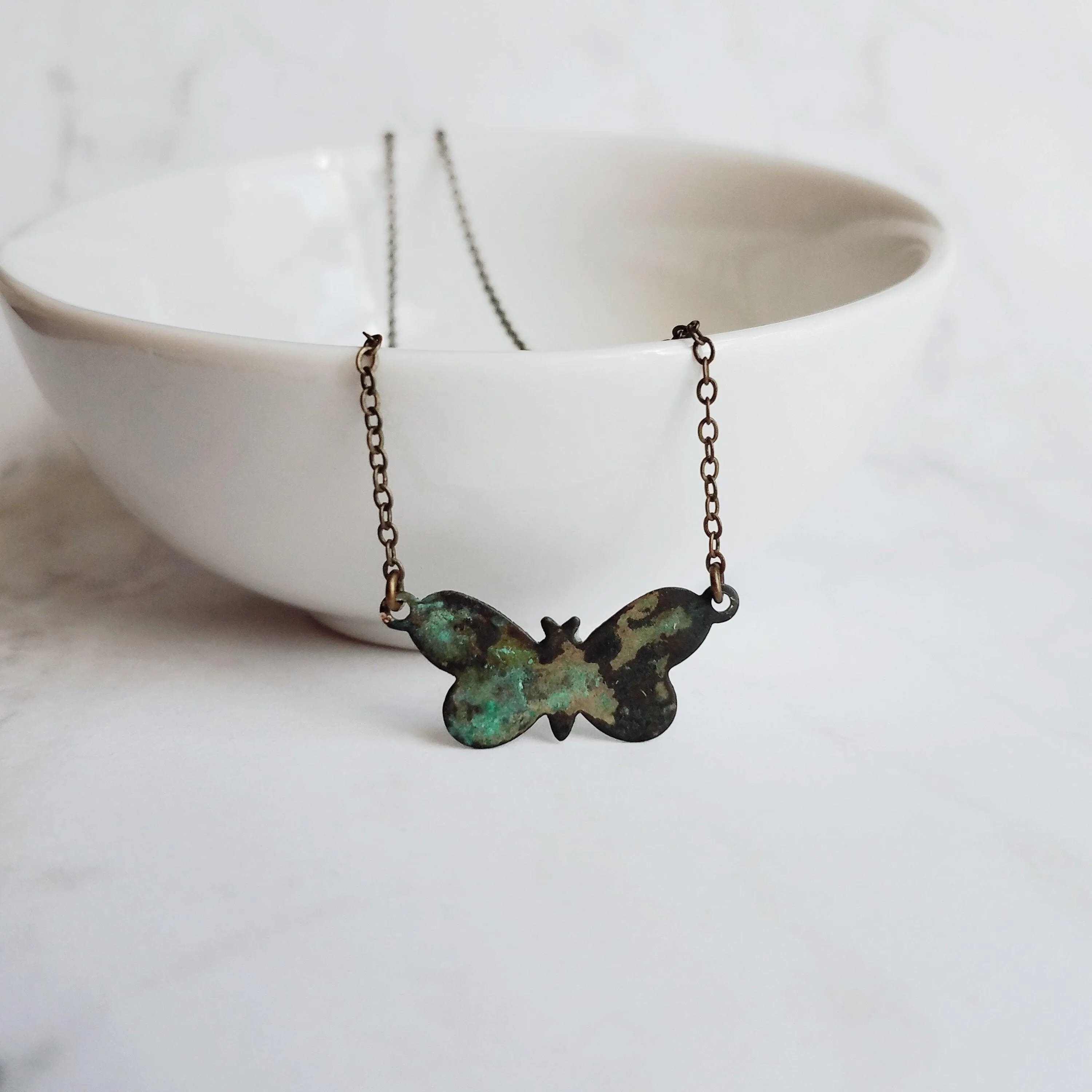 Small Butterfly Necklace, butterfly pendant, delicate chain, bronze necklace, antique brass necklace, patina butterfly, blue green butterfly