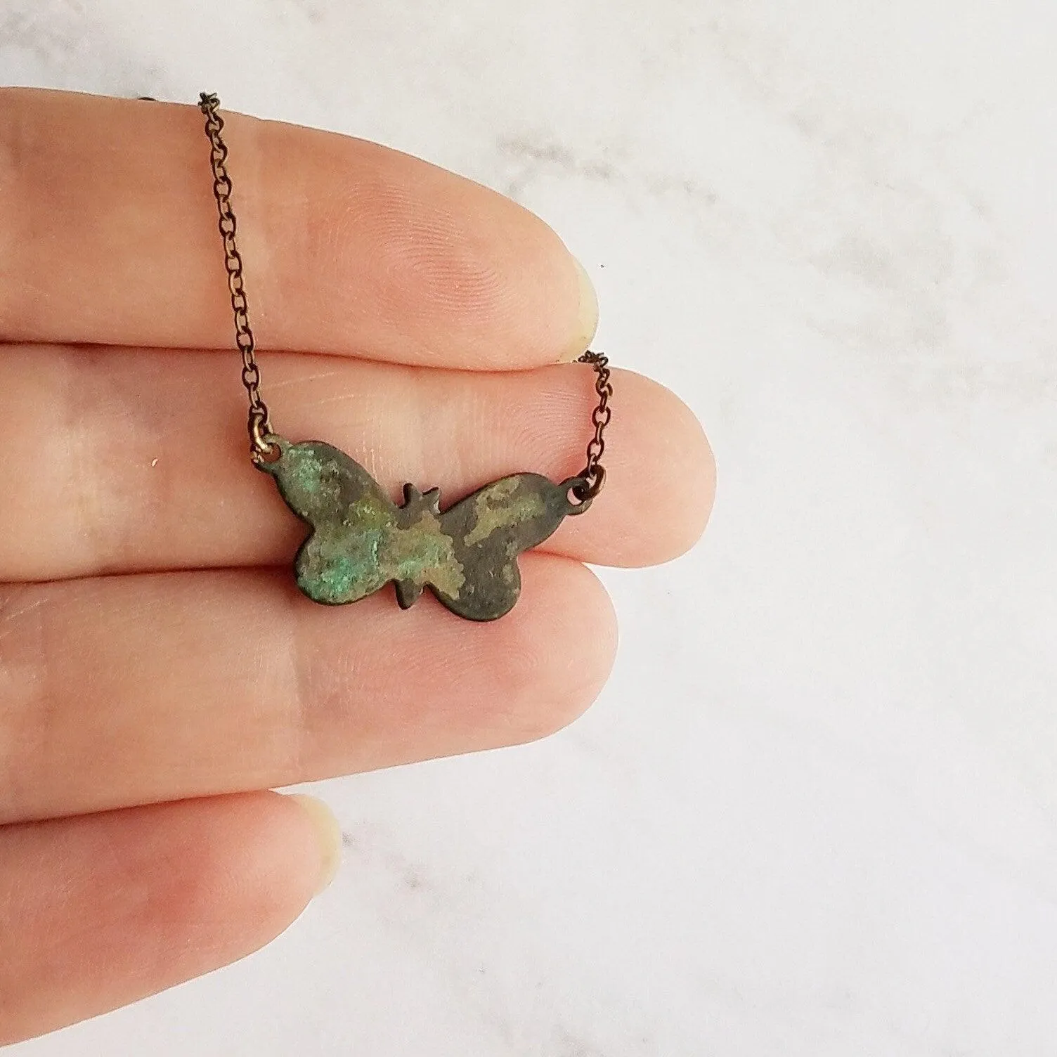 Small Butterfly Necklace, butterfly pendant, delicate chain, bronze necklace, antique brass necklace, patina butterfly, blue green butterfly