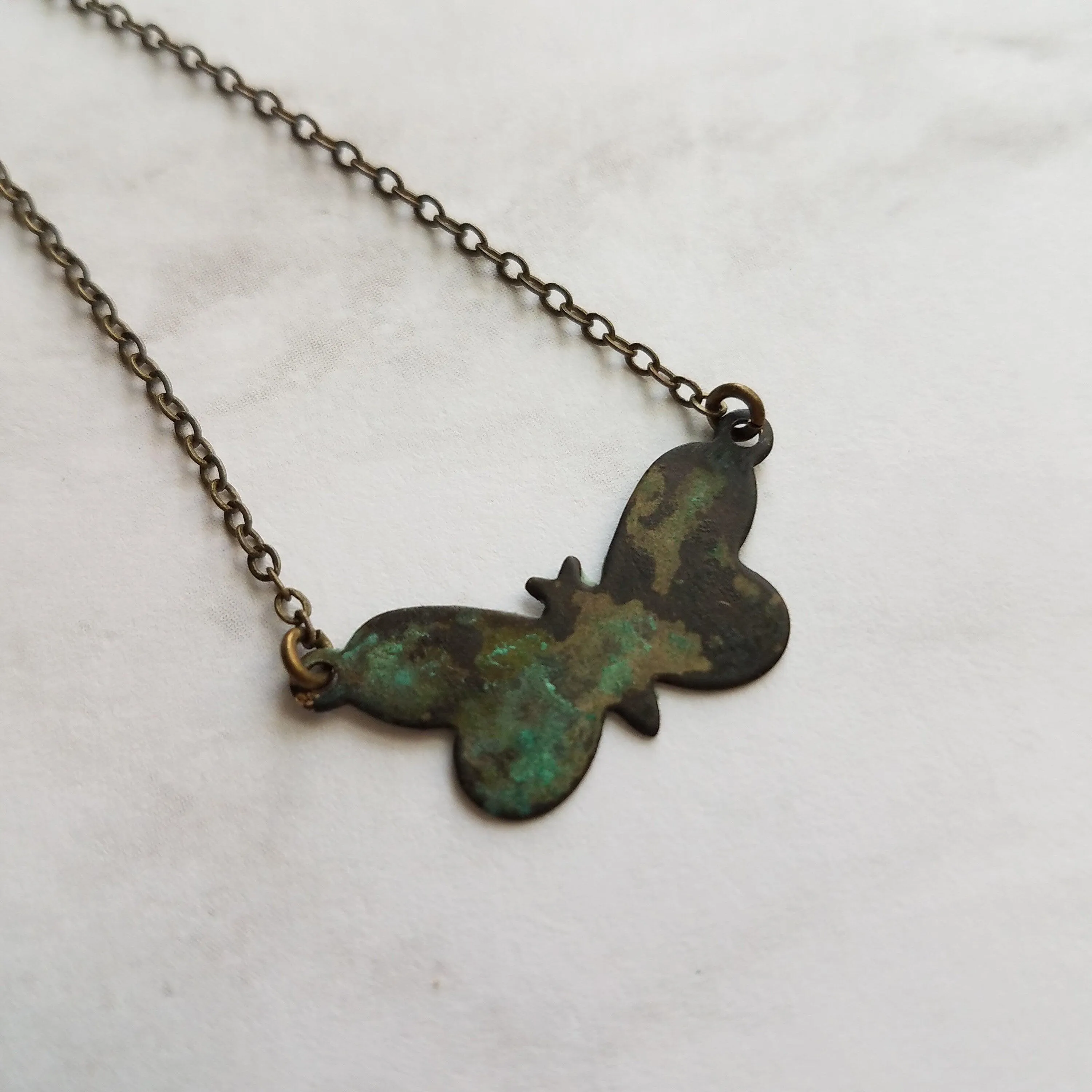 Small Butterfly Necklace, butterfly pendant, delicate chain, bronze necklace, antique brass necklace, patina butterfly, blue green butterfly