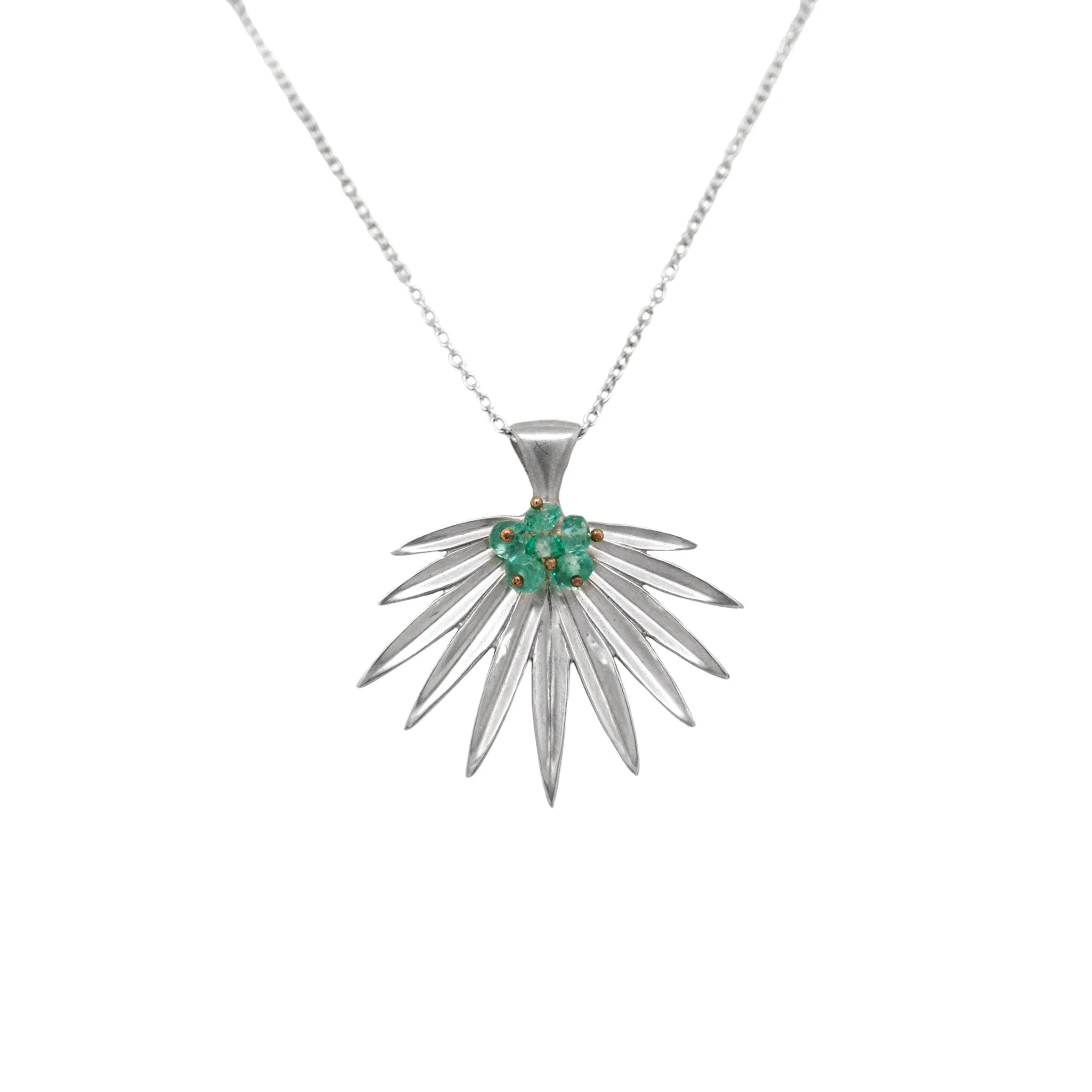 Small Sterling Silver Fan Palm Necklace with Emerald