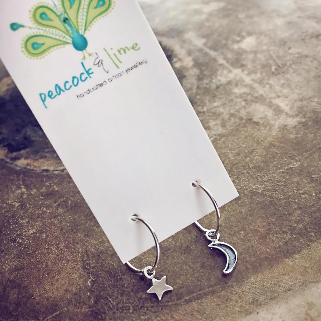 solasta // teeny tiny sterling silver star and crescent moon hoop earrings⁣