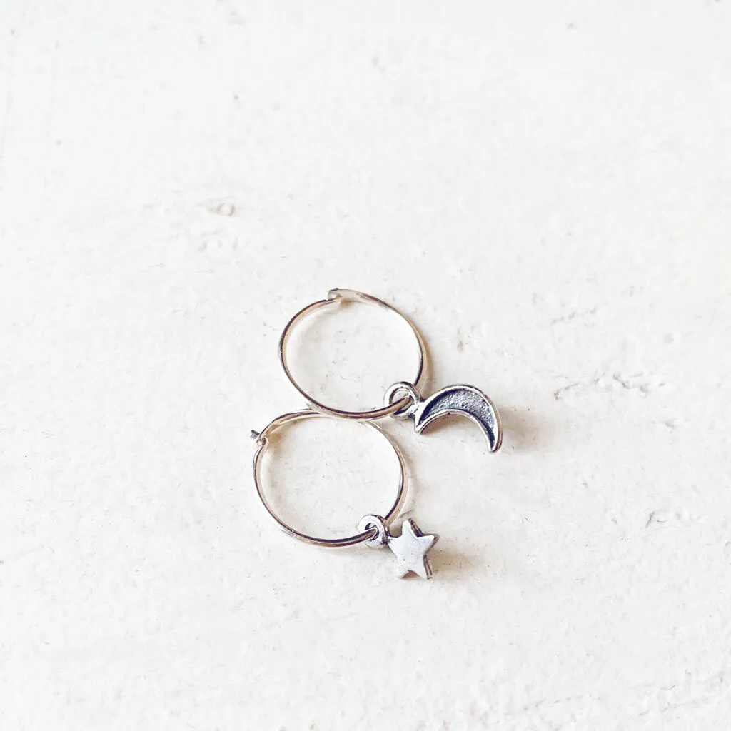 solasta // teeny tiny sterling silver star and crescent moon hoop earrings⁣