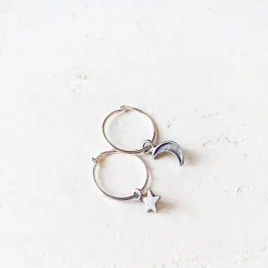 solasta // teeny tiny sterling silver star and crescent moon hoop earrings⁣