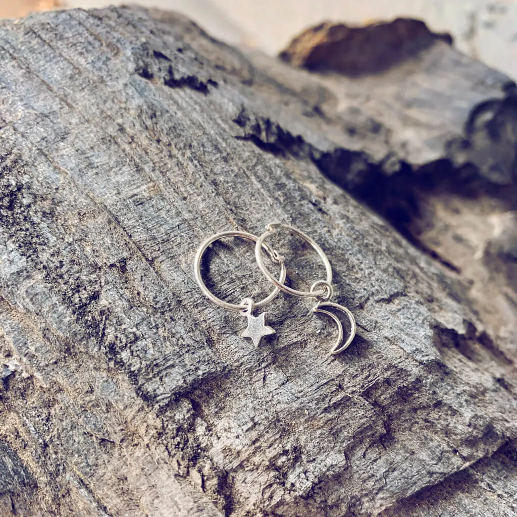 solasta // teeny tiny sterling silver star and crescent moon hoop earrings⁣