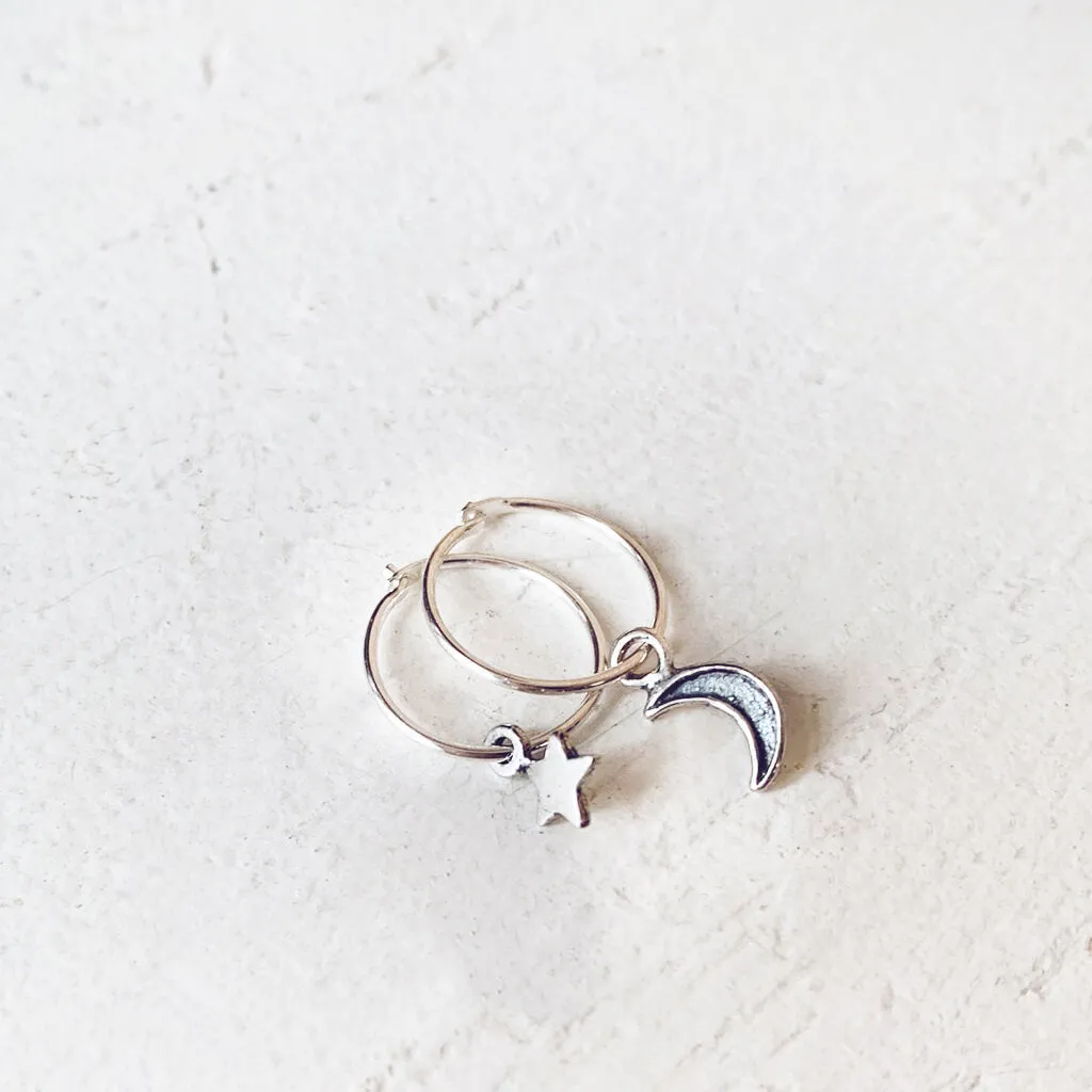 solasta // teeny tiny sterling silver star and crescent moon hoop earrings⁣