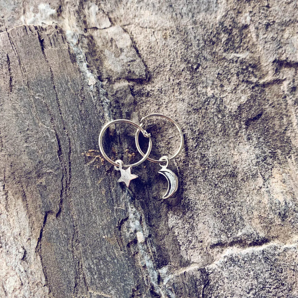solasta // teeny tiny sterling silver star and crescent moon hoop earrings⁣