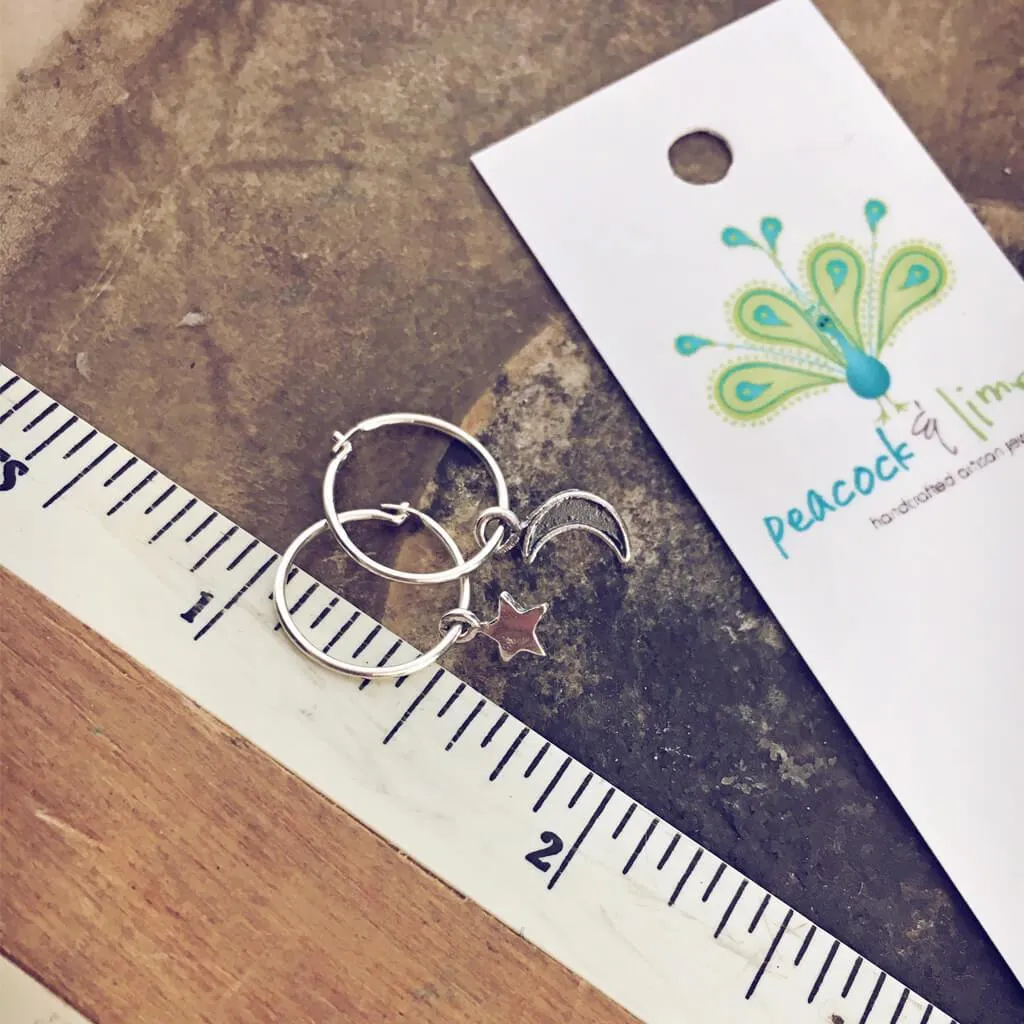 solasta // teeny tiny sterling silver star and crescent moon hoop earrings⁣