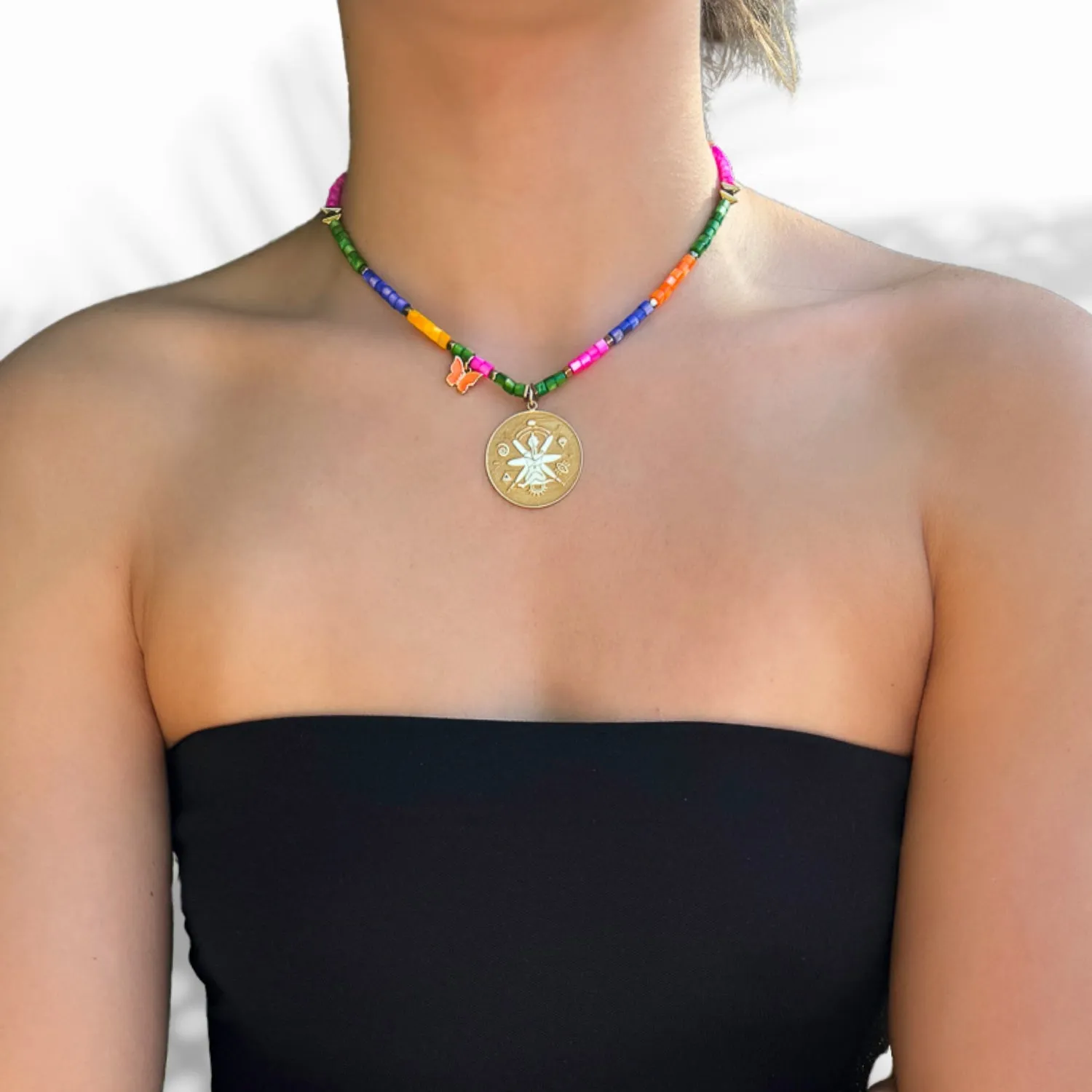 Spiritual Symbol Gold Pendant Colorful Beaded Necklace