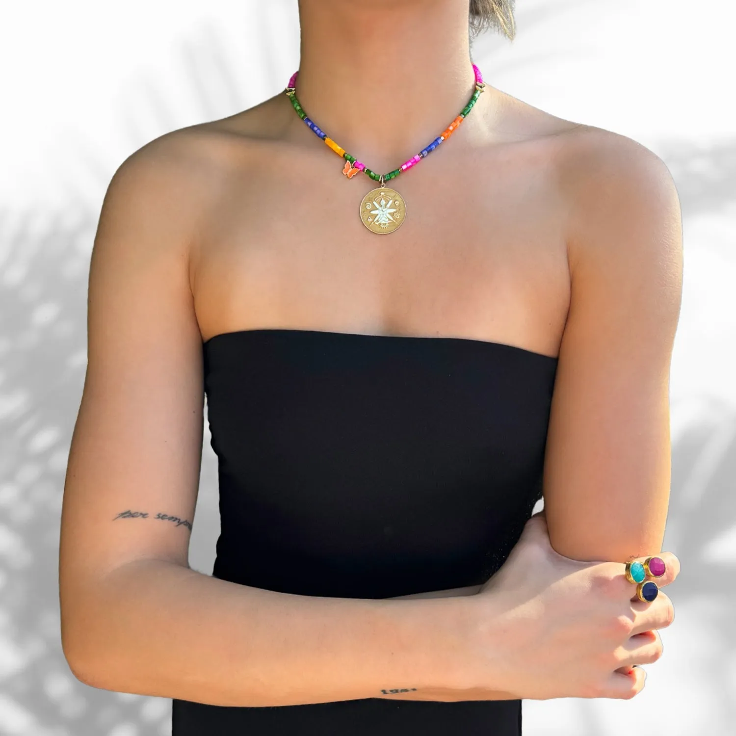 Spiritual Symbol Gold Pendant Colorful Beaded Necklace