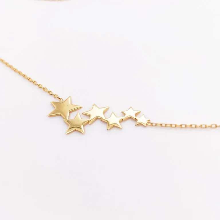 Star Cluster Necklace w 6 Stars in 14K Yellow Gold w Adjustable Chain