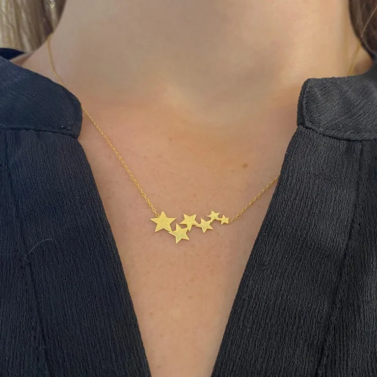 Star Cluster Necklace w 6 Stars in 14K Yellow Gold w Adjustable Chain