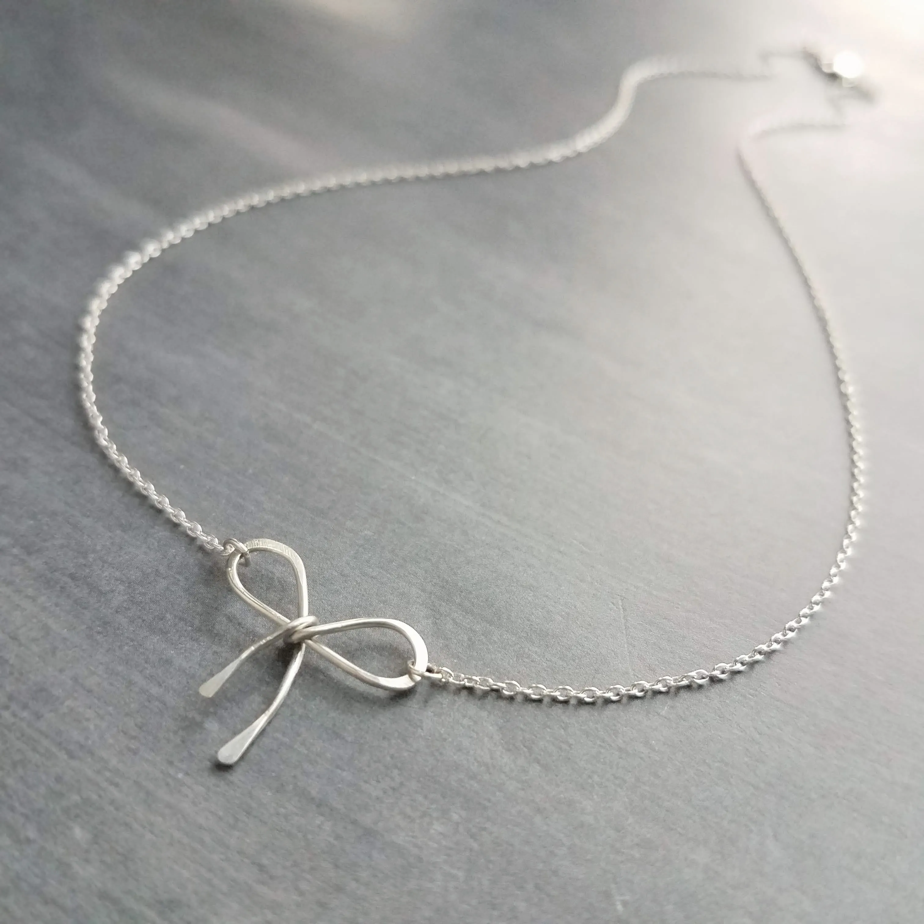 Sterling Silver Bow Necklace, silver ribbon necklace, wire bow necklace, bow pendant, sterling silver chain, delicate necklace, dainty charm