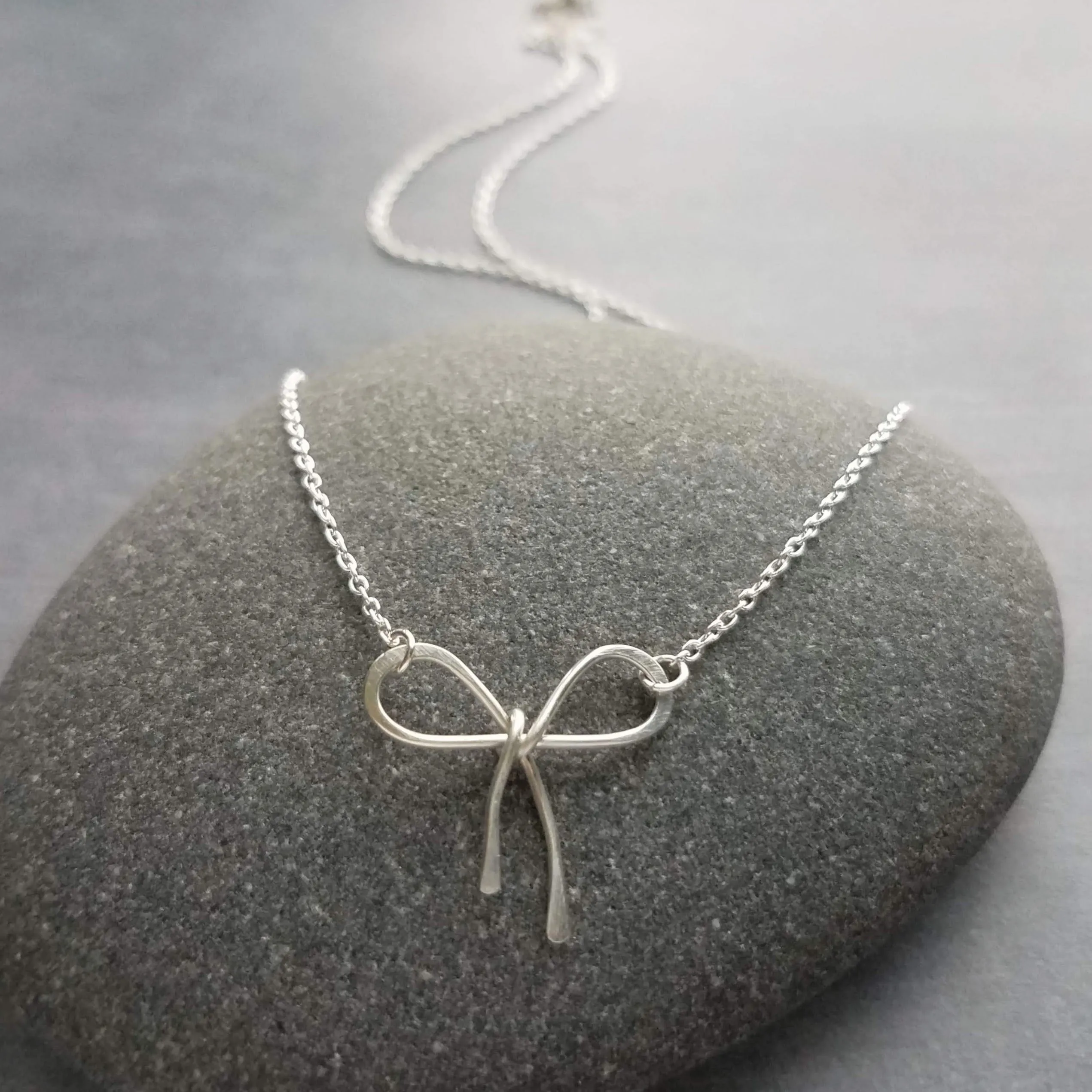 Sterling Silver Bow Necklace, silver ribbon necklace, wire bow necklace, bow pendant, sterling silver chain, delicate necklace, dainty charm