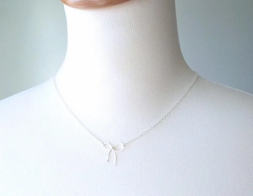 Sterling Silver Bow Necklace, silver ribbon necklace, wire bow necklace, bow pendant, sterling silver chain, delicate necklace, dainty charm