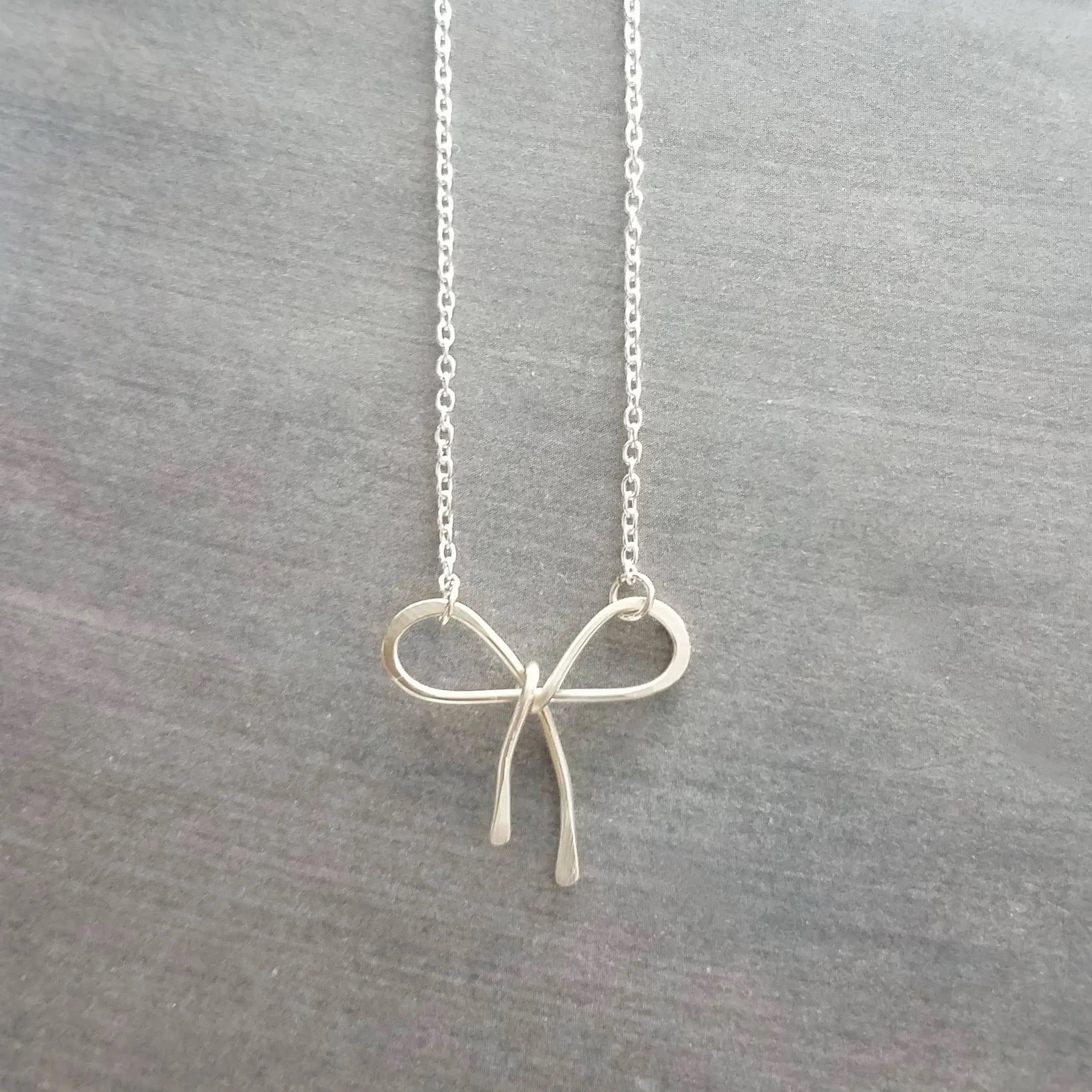 Sterling Silver Bow Necklace, silver ribbon necklace, wire bow necklace, bow pendant, sterling silver chain, delicate necklace, dainty charm