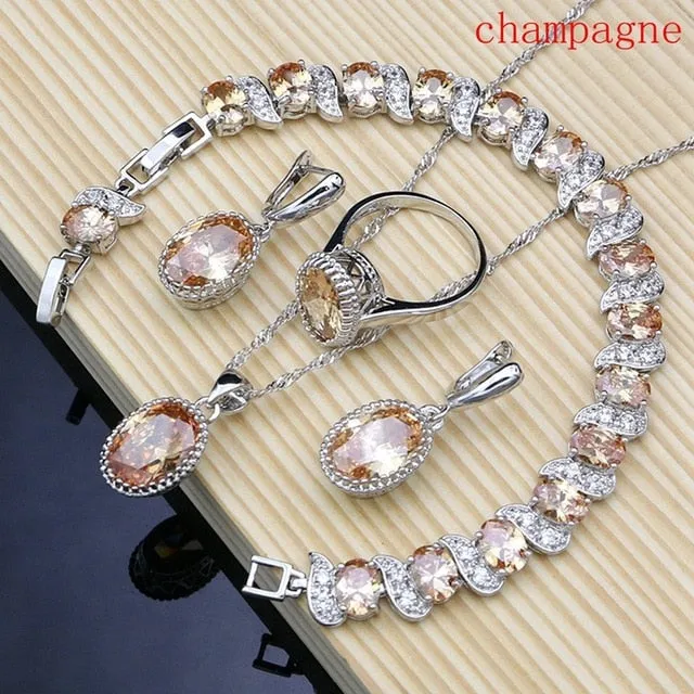 Sterling Silver Crystal Zircon Pendant Necklace Bracelet Earrings and Ring