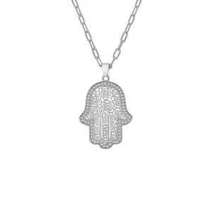 Sterling Silver Flower Filigree Hamsa Halo Necklace