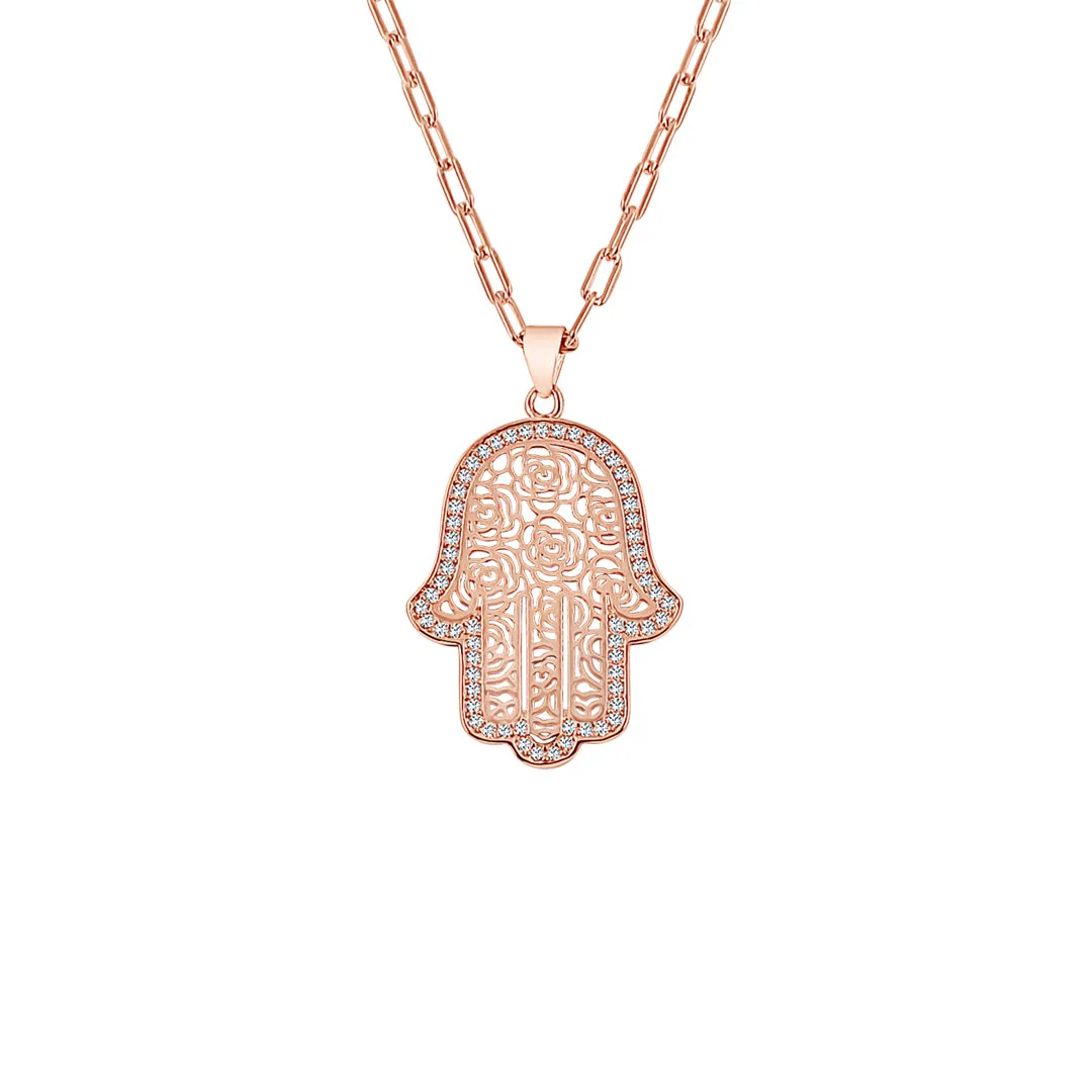 Sterling Silver Flower Filigree Hamsa Halo Necklace