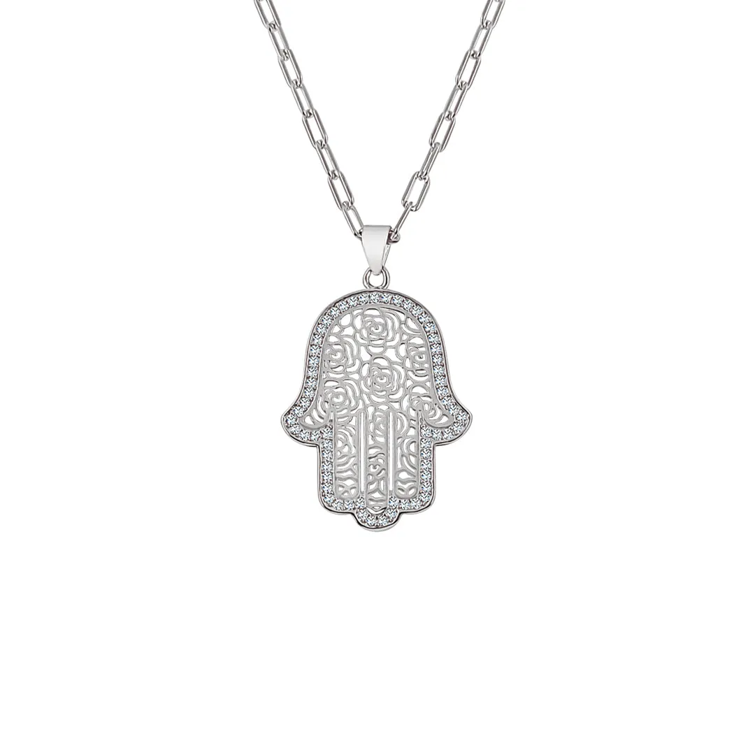 Sterling Silver Flower Filigree Hamsa Halo Necklace