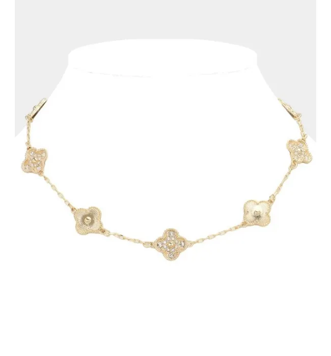 Stone Paved Pearl Quatrefoil Station Necklace