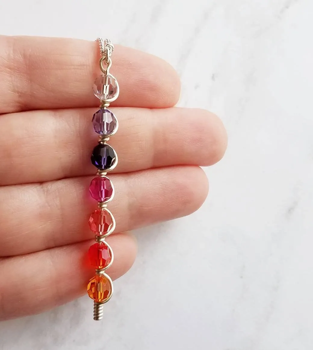 Sunset Necklace, tropical pendant, tropical necklace, sunset color necklace, long necklace, beach necklace, purple orange pink crystal