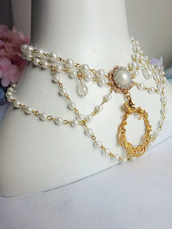 Sweet Lolita Jewelry Pearl Beading Metallic Layered White Lolita Necklace