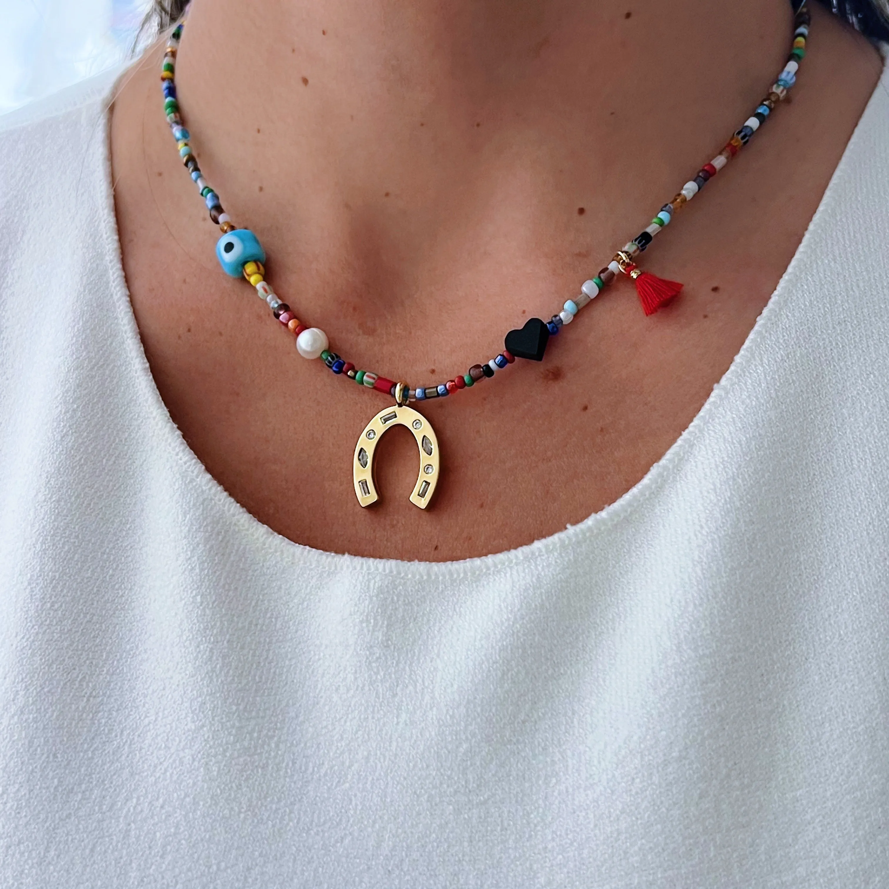 Symbol of Protection & Good Luck: Horseshoe Multicolor Bead Necklace
