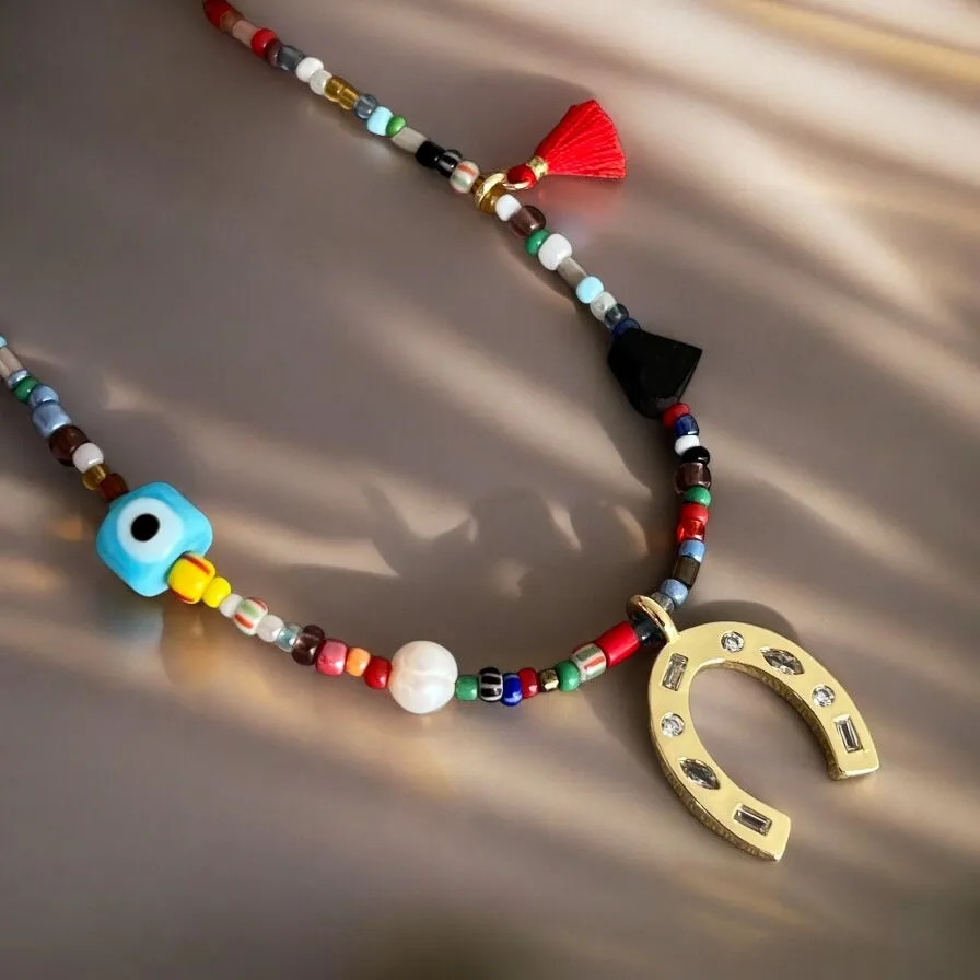 Symbol of Protection & Good Luck: Horseshoe Multicolor Bead Necklace