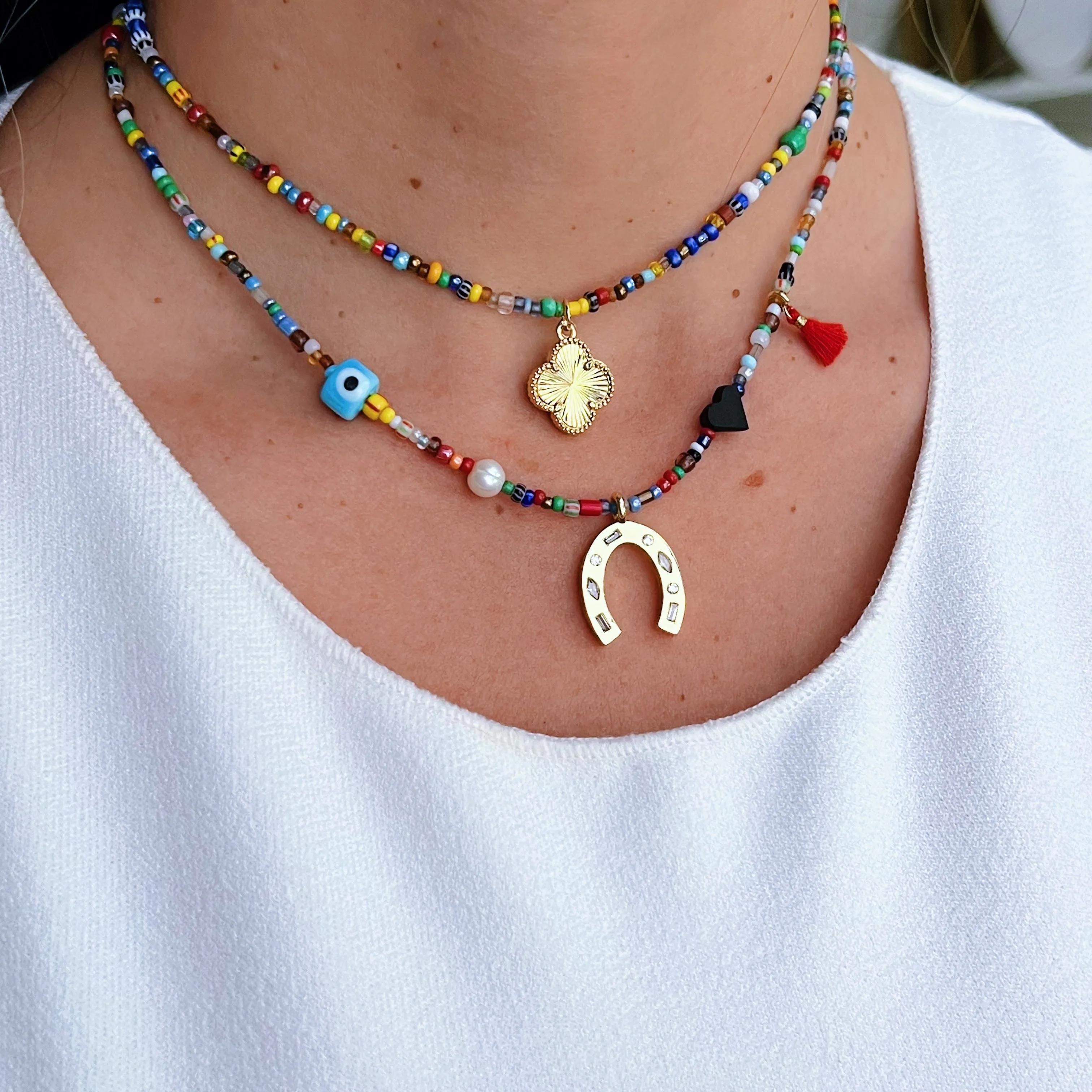 Symbol of Protection & Good Luck: Horseshoe Multicolor Bead Necklace