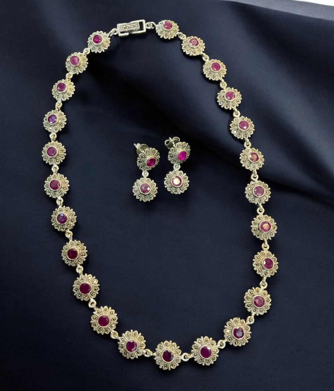 The Dazzling Red Silver Marcasite Necklace & Earrings