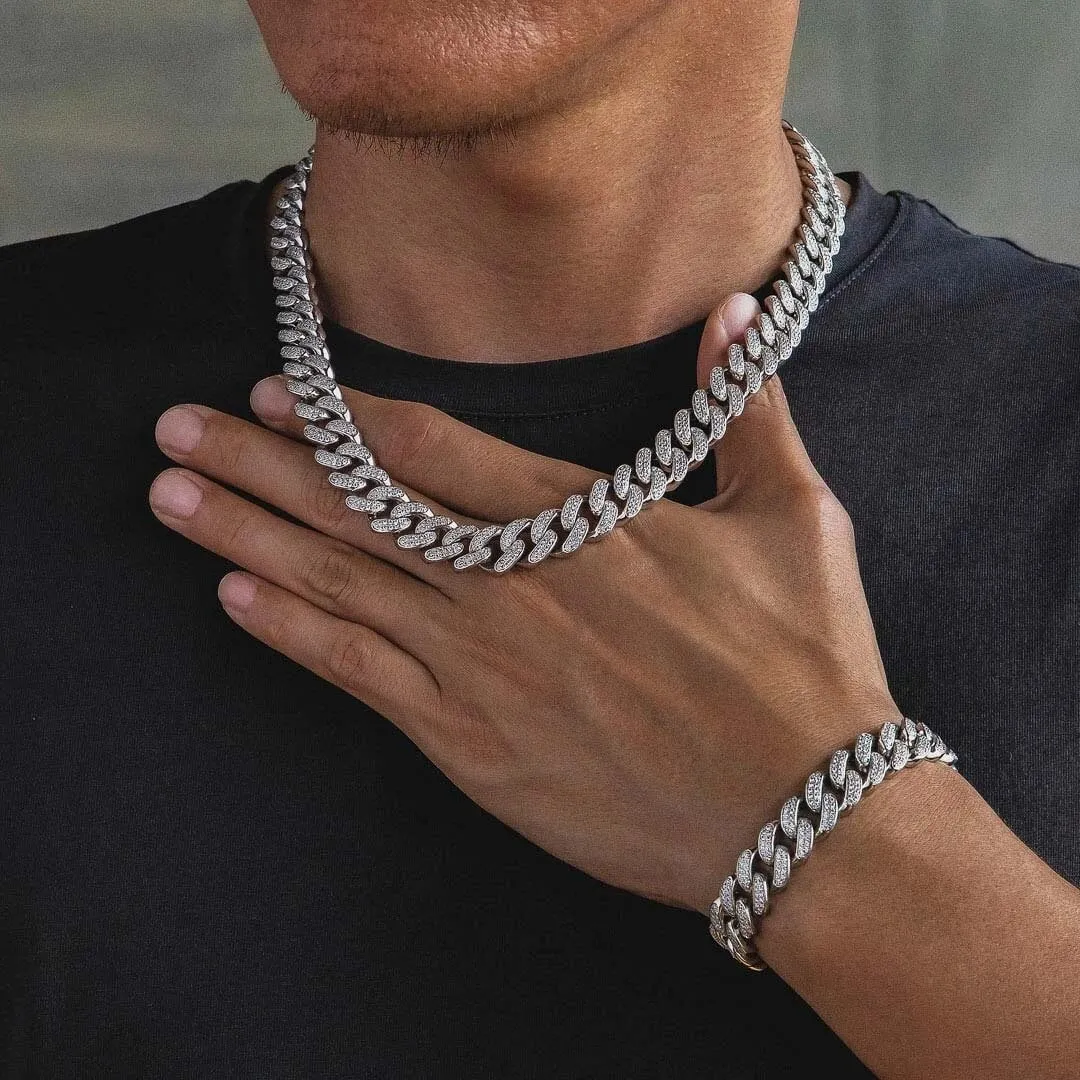 The Frozen Heart® - 12mm 2 Rows Iced Out Cuban Link Chain White Gold Plated