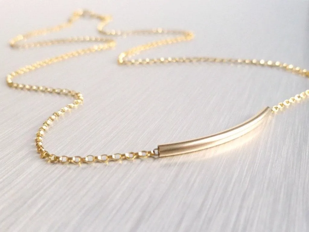 Thin Gold Tube Necklace, 14 karat gold filled chain, 14K gold fill, curved bar necklace, gold layering necklace, gold noodle, minimalist