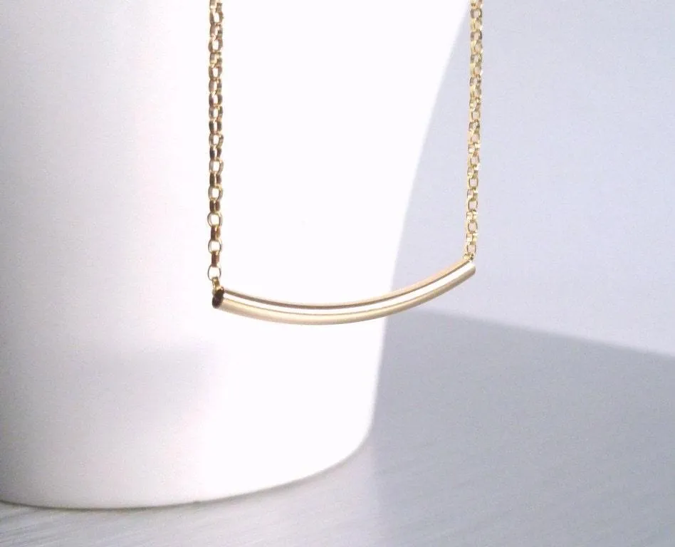 Thin Gold Tube Necklace, 14 karat gold filled chain, 14K gold fill, curved bar necklace, gold layering necklace, gold noodle, minimalist