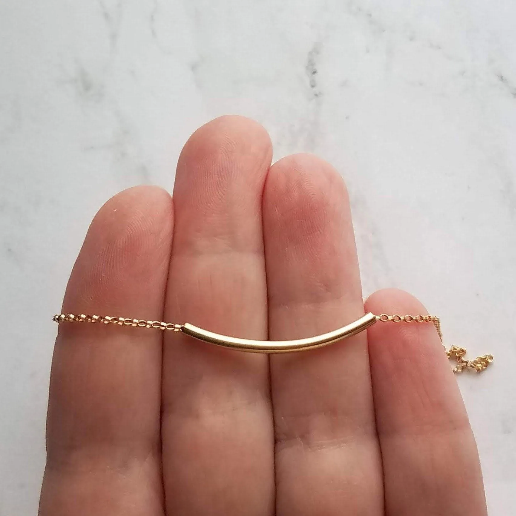 Thin Gold Tube Necklace, 14 karat gold filled chain, 14K gold fill, curved bar necklace, gold layering necklace, gold noodle, minimalist