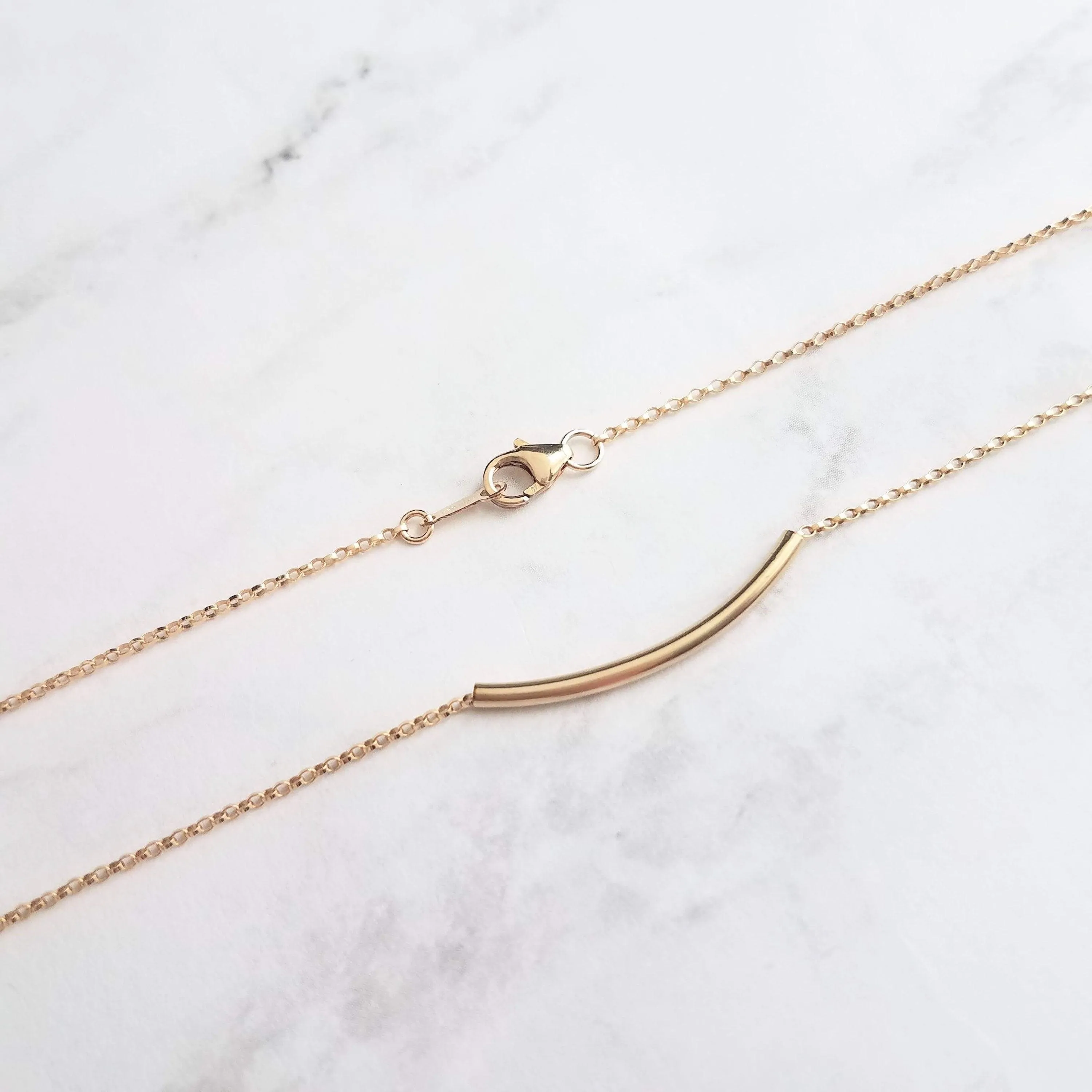 Thin Gold Tube Necklace, 14 karat gold filled chain, 14K gold fill, curved bar necklace, gold layering necklace, gold noodle, minimalist