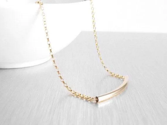 Thin Gold Tube Necklace, 14 karat gold filled chain, 14K gold fill, curved bar necklace, gold layering necklace, gold noodle, minimalist