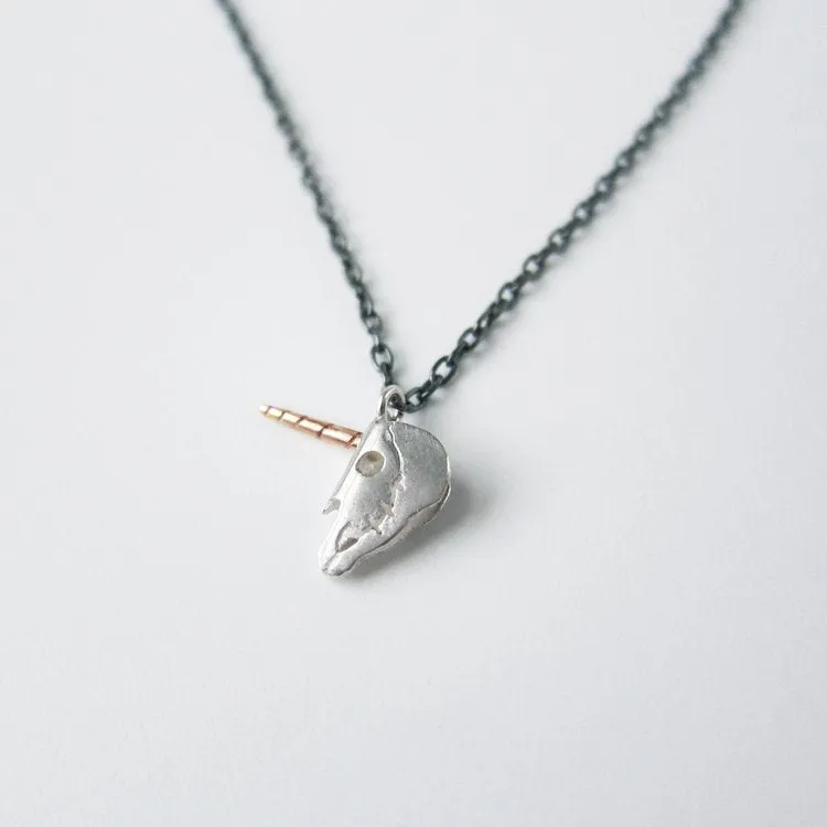 Tiny Unicorn Skull Necklace, mixed metals