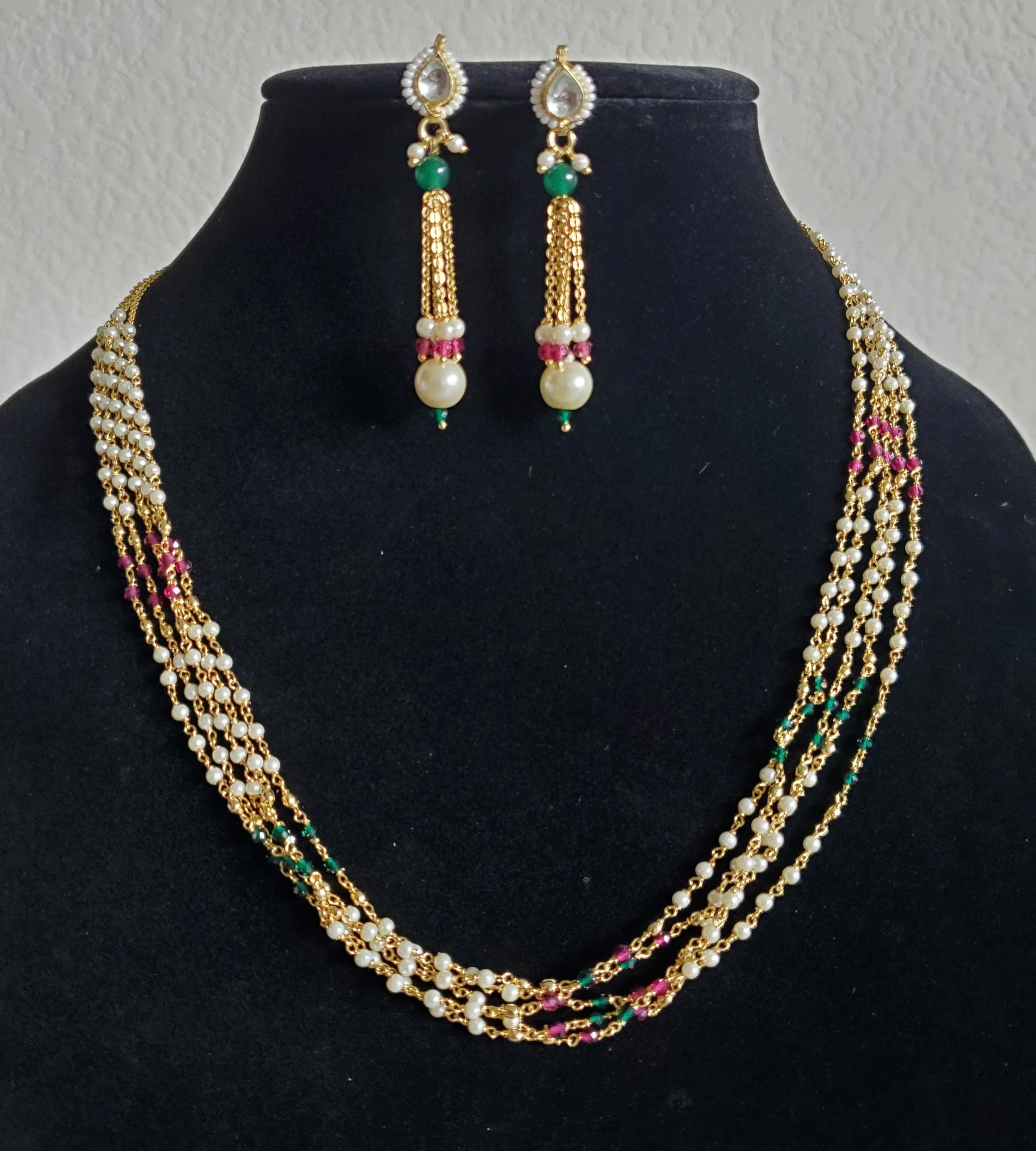 Traditional layer Pearl Necklace Set With Gold Finish