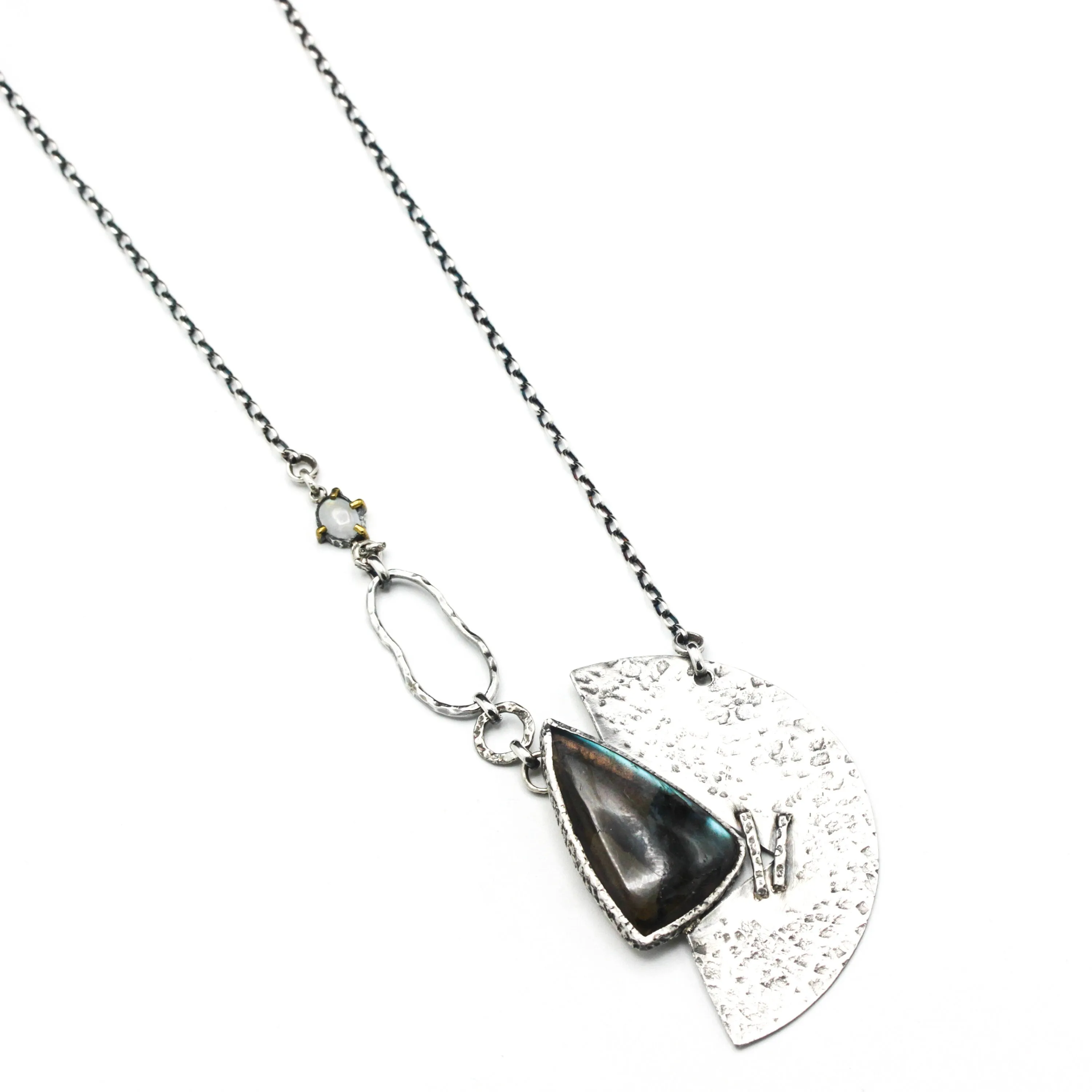 Triangle cabochon Labradorite necklace with silver fan shape on sterling silver chain