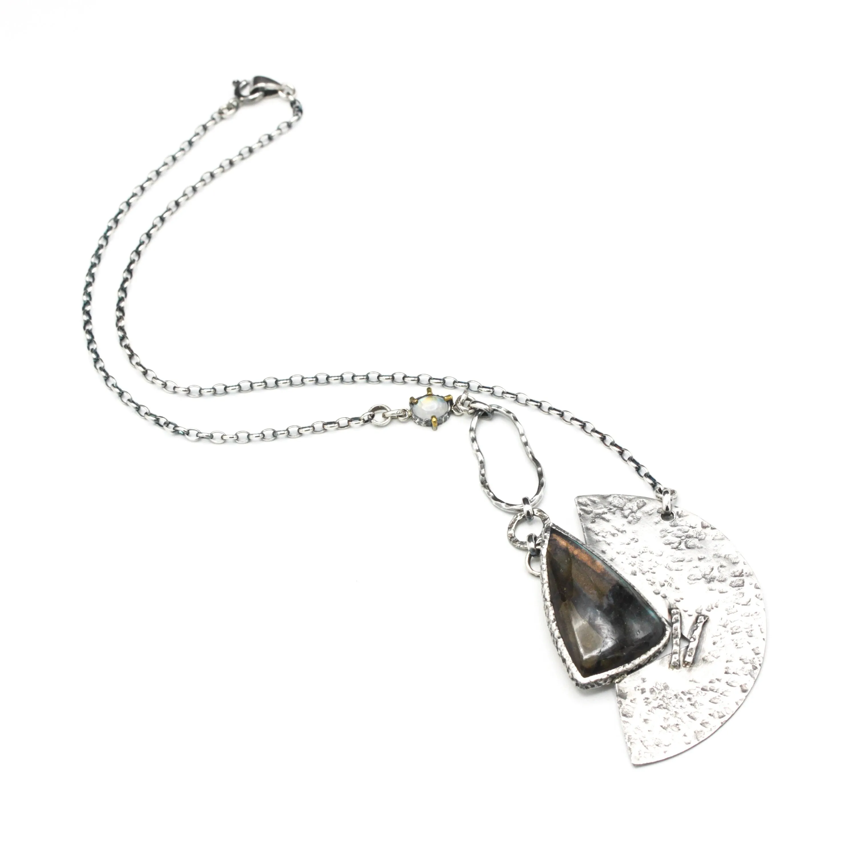 Triangle cabochon Labradorite necklace with silver fan shape on sterling silver chain